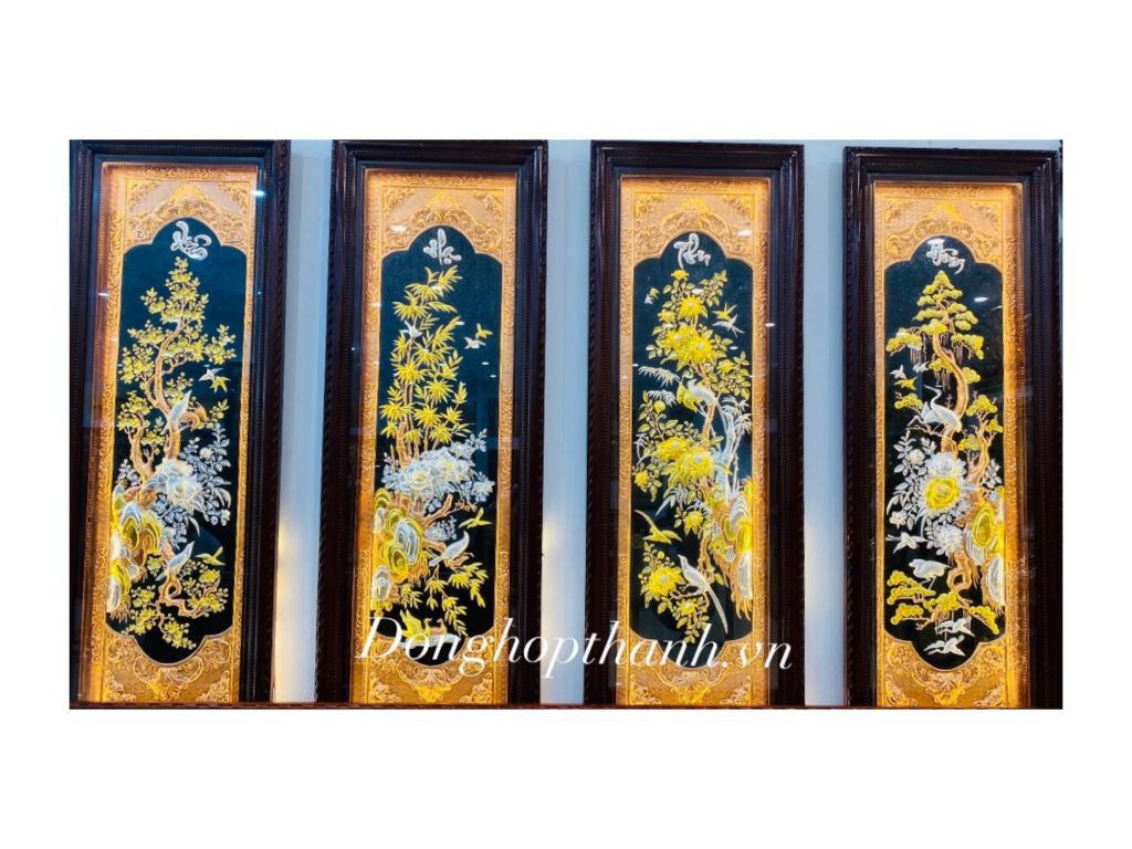 Bộ tranh đồng tứ quý, dát vàng bạc - Kích thước 176cm X 61cm