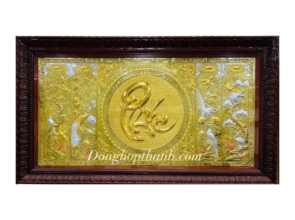 Tranh Tứ quý chữ phúc dát vàng bạc - kích thước 155cmx88cm