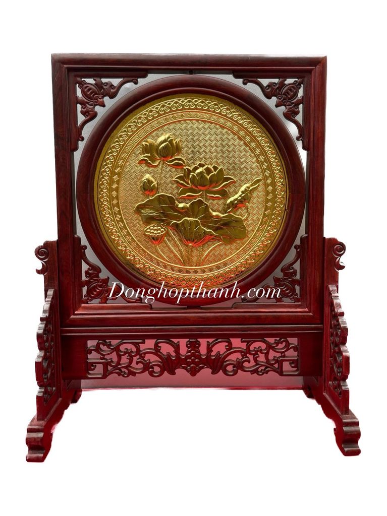 Tranh đồng hoa sen hai mặt, mạ vàng 24k, khung gỗ cẩm - Đường Kính 20cm; Khung Cao 35cm; Rộng 28,5cm