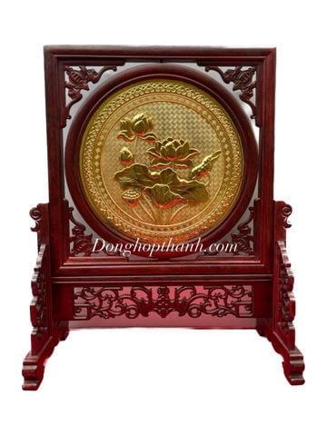  Tranh đồng hoa sen hai mặt, mạ vàng 24k, khung gỗ cẩm - Đường Kính 20cm; Khung Cao 35cm; Rộng 28,5cm 