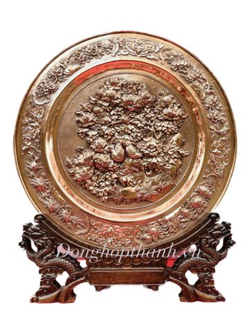  Quà tặng tranh đĩa đồng - Hoa mẫu đơn và chim Trĩ - Đường Kính 35cm; Tổng Chiều Cao 41cm 