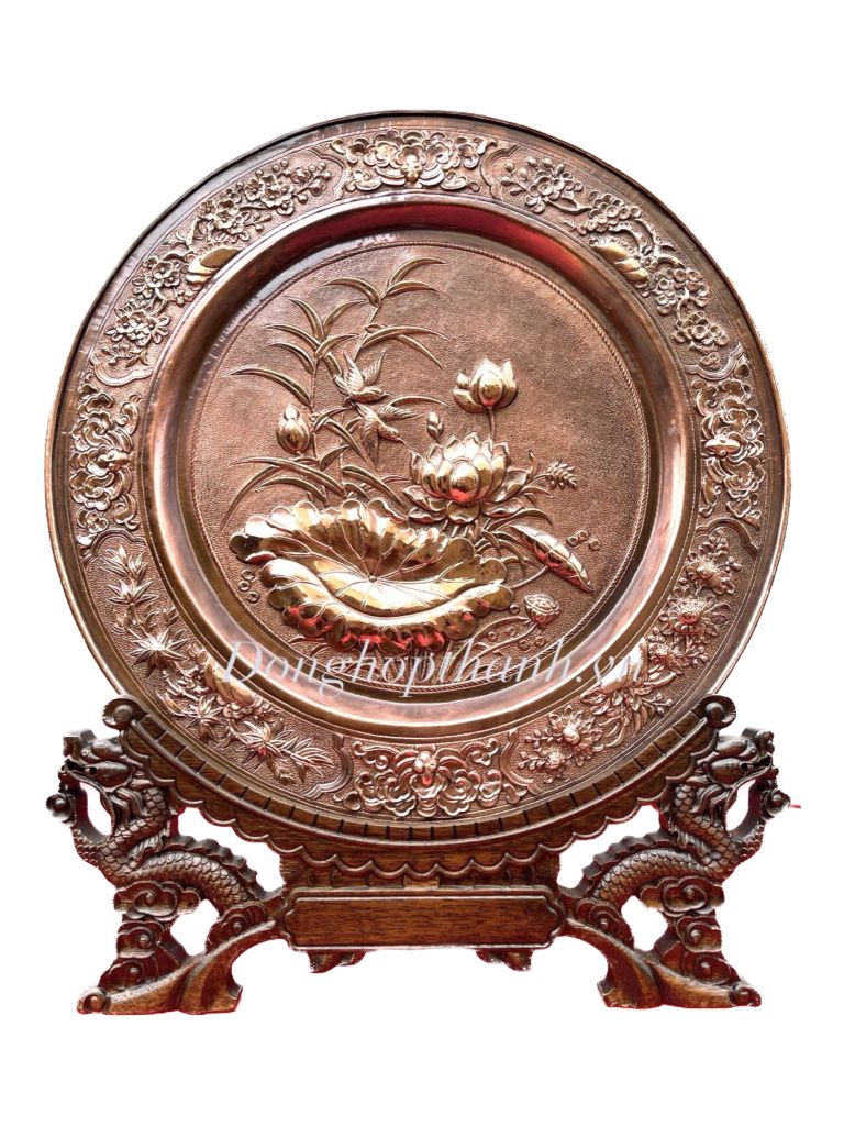Quà tặng tranh đĩa đồng - Hoa sen - Đường Kính 35cm; Tổng Chiều Cao 41cm