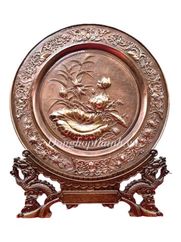  Quà tặng tranh đĩa đồng - Hoa sen - Đường Kính 35cm; Tổng Chiều Cao 41cm 