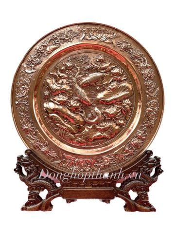  Quà tặng tranh đĩa đồng - Cá chép và hoa sen - Đường Kính 35cm; Tổng Chiều Cao 41cm 