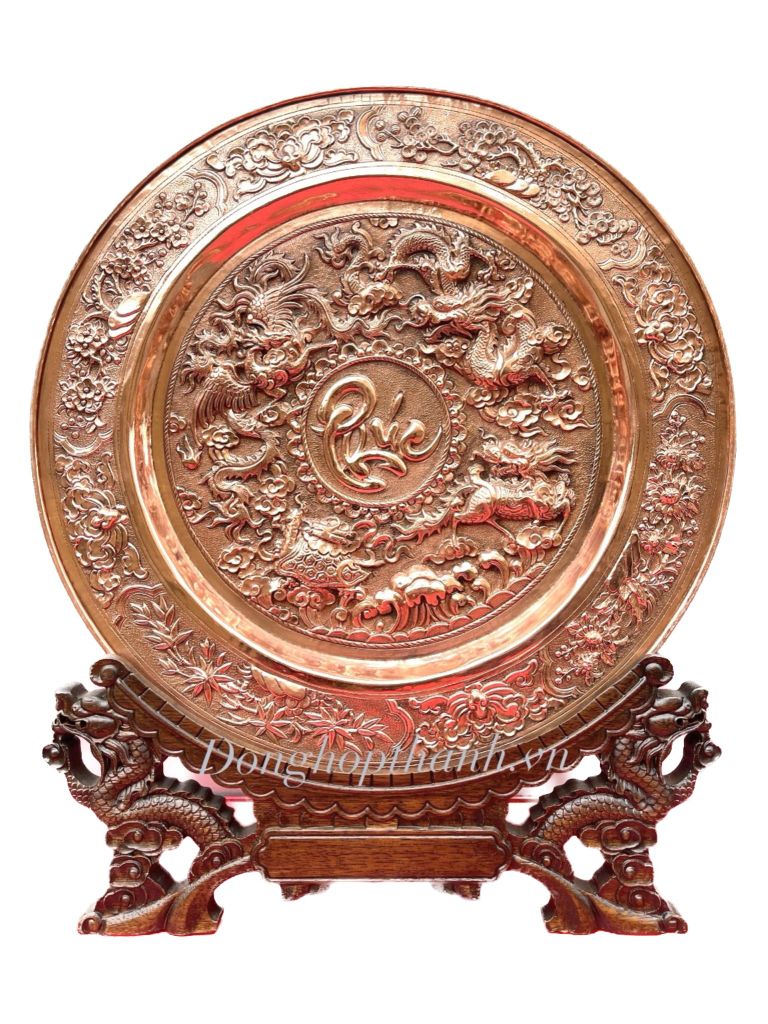 Quà tặng tranh đĩa đồng - tứ linh chầu phúc - Đường Kính 35cm; Tổng Chiều Cao 41cm