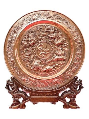  Quà tặng tranh đĩa đồng - tứ linh chầu phúc - Đường Kính 35cm; Tổng Chiều Cao 41cm 