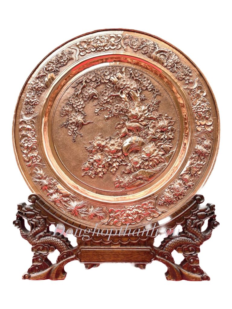 Quà tặng tranh đĩa đồng - Tùng hạc diên niên - Đường Kính 35cm; Tổng Chiều Cao 41cm