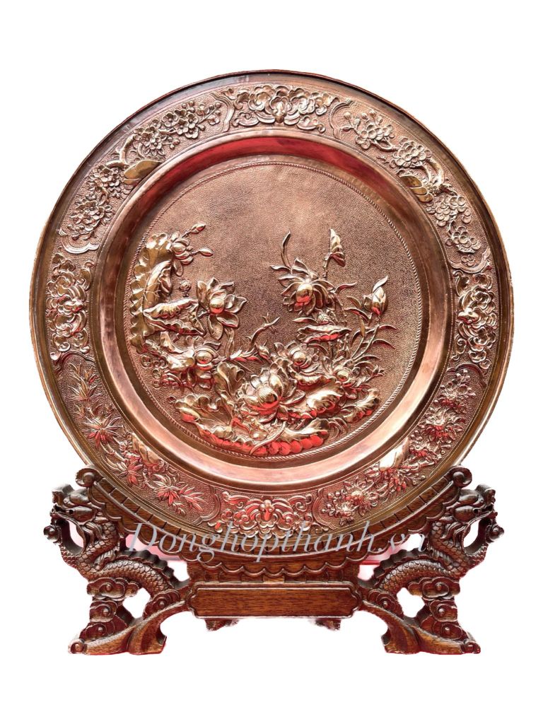 Quà tặng tranh đĩa đồng -Hoa sen - Đường Kính 35cm; Tổng Chiều Cao 41cm