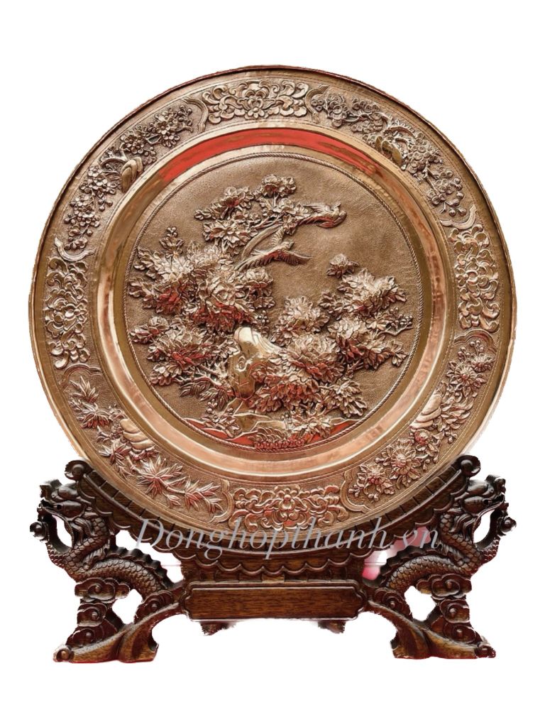 Quà tặng tranh đĩa đồng - Hoa mẫu đơn- Đường Kính 35cm; Tổng Chiều Cao 41cm