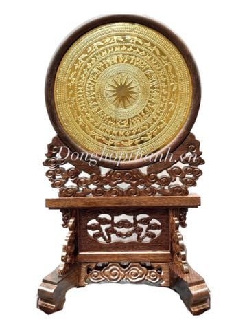  Quà tặng mặt trống đồng mạ vàng 24K + giá trống để bàn gổ cẩm - kt: Ngang 35cm; Cao 56cm 