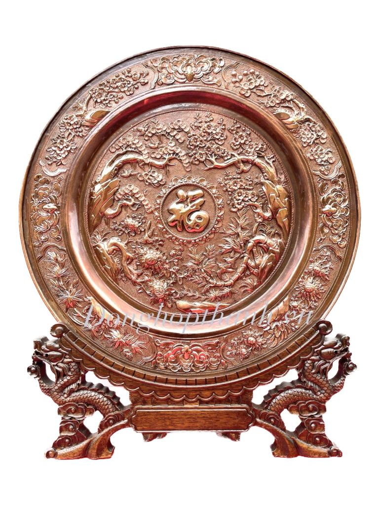 Quà tặng tranh đĩa đồng - Tứ quý bình an  - Đường Kính 35cm; Tổng Chiều Cao 41cm