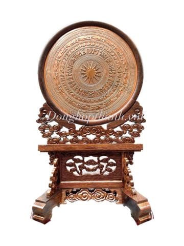  Quà tặng mặt trống đồng bằng đồng đỏ + Giá trống để bàn gỗ cẩm kt: Ngang 35cm; Cao 56cm 