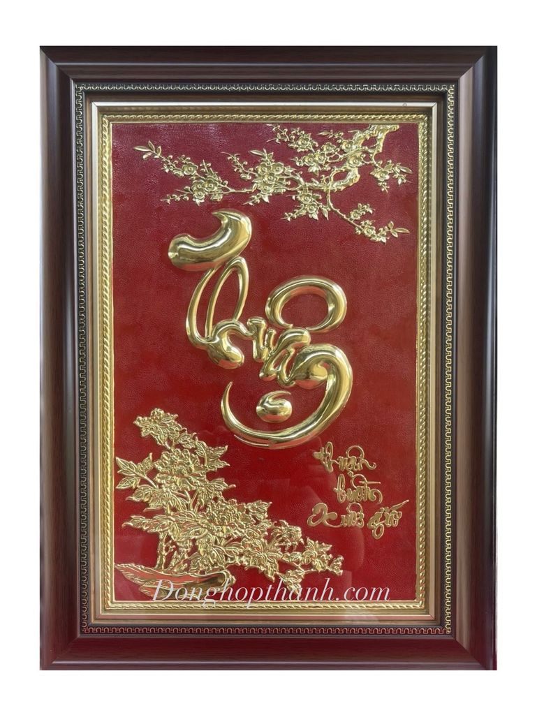 Tranh đồng chữ Thuận thư pháp nền đỏ, kích thước 48cm x 68cm