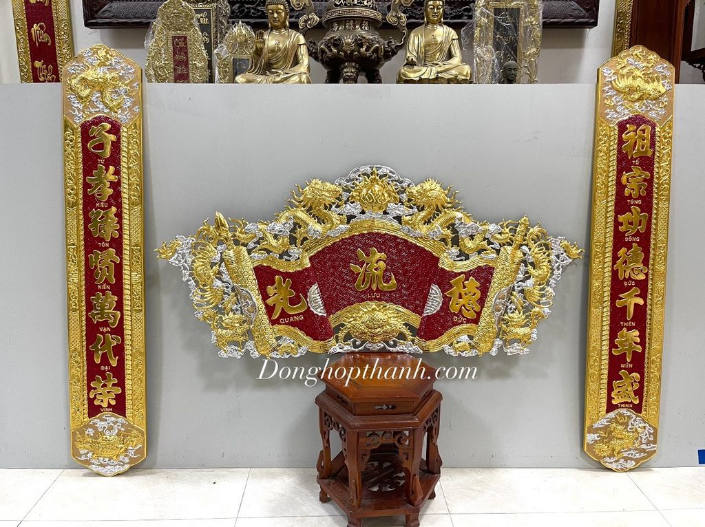 Bộ cuốn thư câu đối Đức Lưu Quang thiếp vàng bạc, kích thước 1m33