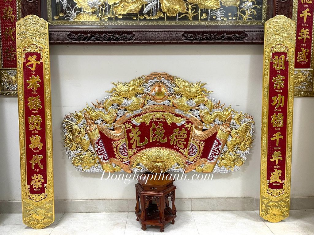 Bộ cuốn thư song long chầu nguyệt dát vàng bạc, kích thước 1,97m