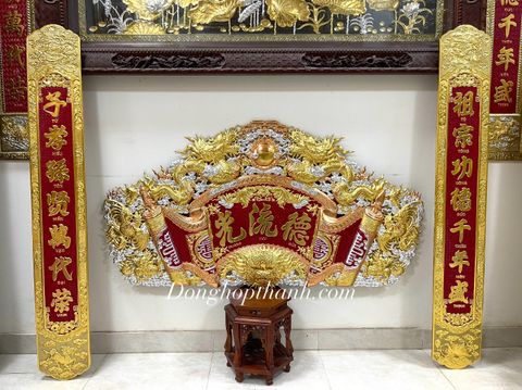  Bộ cuốn thư song long chầu nguyệt dát vàng bạc, kích thước 1,97m 