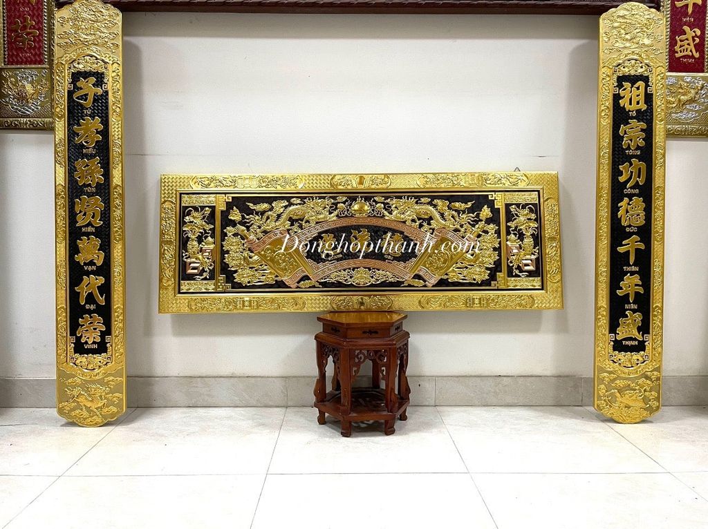 Bộ Hoành phi câu đối Đức Lưu Quang thiếp vàng, kích thước 1m76