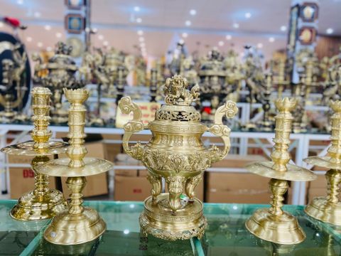  Bộ ngũ sự đỉnh Long Phụng màu vàng mộc - Kích thước 50cm 