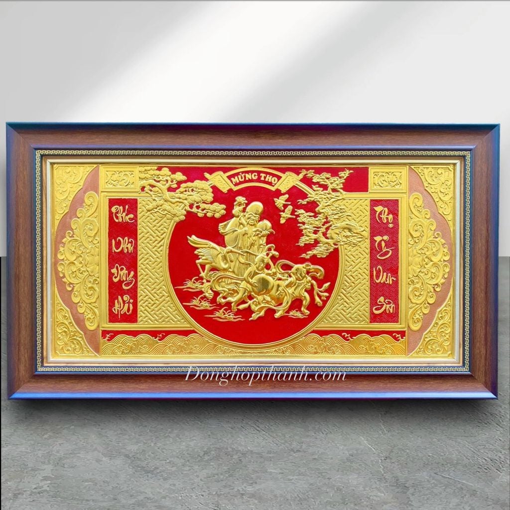 TRANH MỪNG THỌ ÔNG BÀ BẰNG ĐỒNG, DÁT VÀNG (Kích Thước 52cm X 92cm)