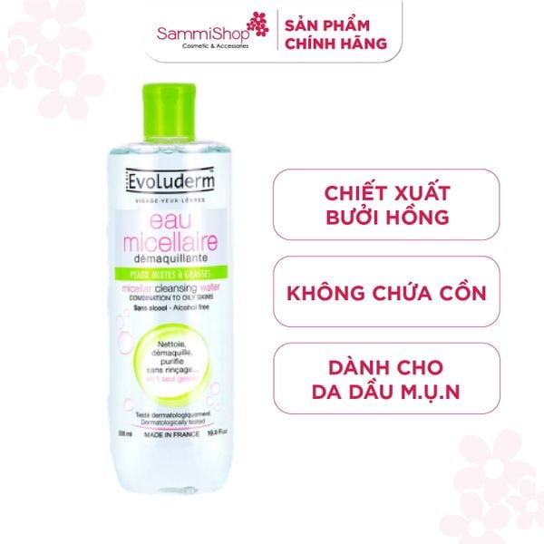 Evoluderm Nước tẩy trang Micellar Cleansing Water Combination To Oily Skins 500ml