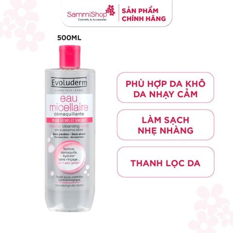 Evoluderm Nước tẩy trang Micellar Cleansing Water Dry And Sensitive Skin 500ml