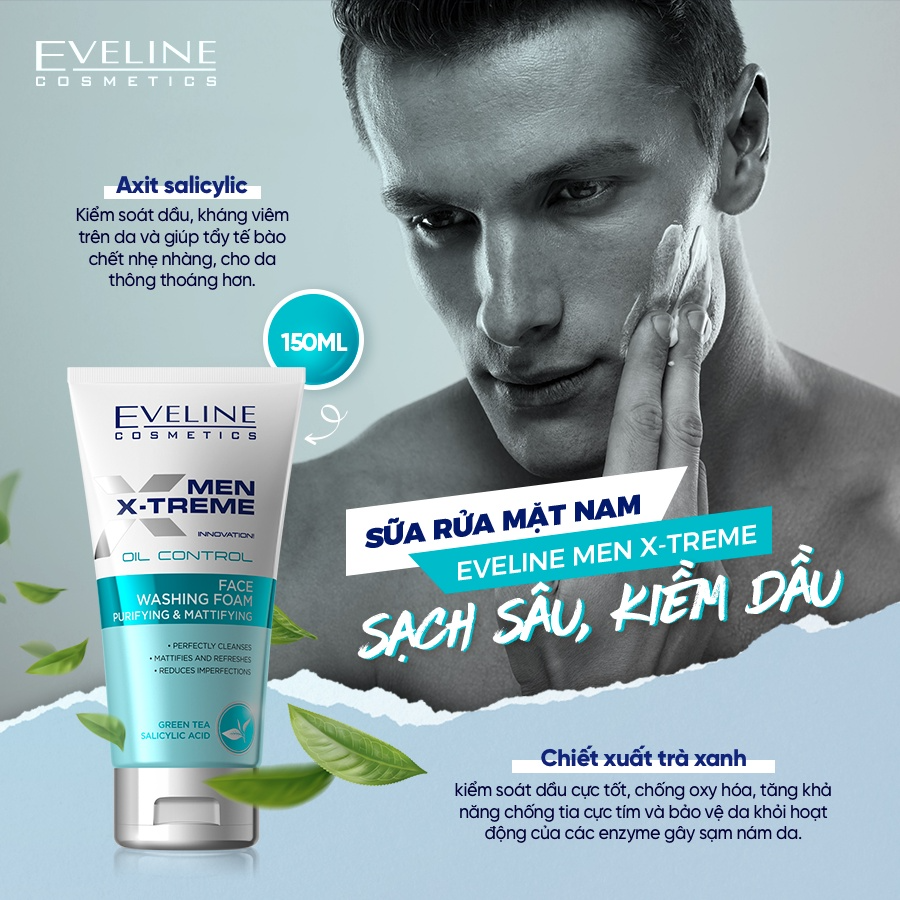 Eveline Sữa rửa mặt Men X-treme Oil Control Face Washing Foam Purifying &  Mattifying 150ml