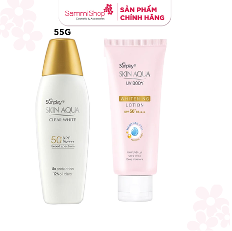 [15.4-17.4] COMBO Sunplay Sữa chống nắng Skin Aqua Clear White 55g + quà VÀ Sunplay Kem chống nắng dưỡng thể Skin Aqua UV Body Whitening 150g