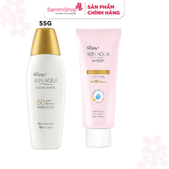 [15.4-17.4] COMBO Sunplay Sữa chống nắng Skin Aqua Clear White 55g + quà VÀ Sunplay Kem chống nắng dưỡng thể Skin Aqua UV Body Whitening 150g