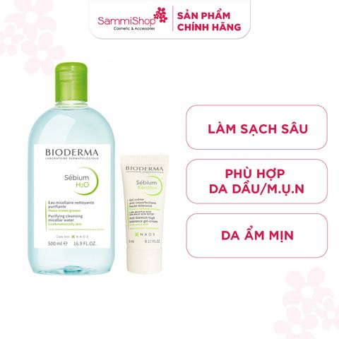 Bioderma Combo Nước tẩy trang Sebium H2O 500ml + Kem dưỡng Sebium Kerato+ 5ml