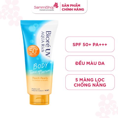 Biore Serum Chống nắng dưỡng thể UV Aqua Rich Body Tone Up Peach Pearly SPF50+ PA+++ 130ml