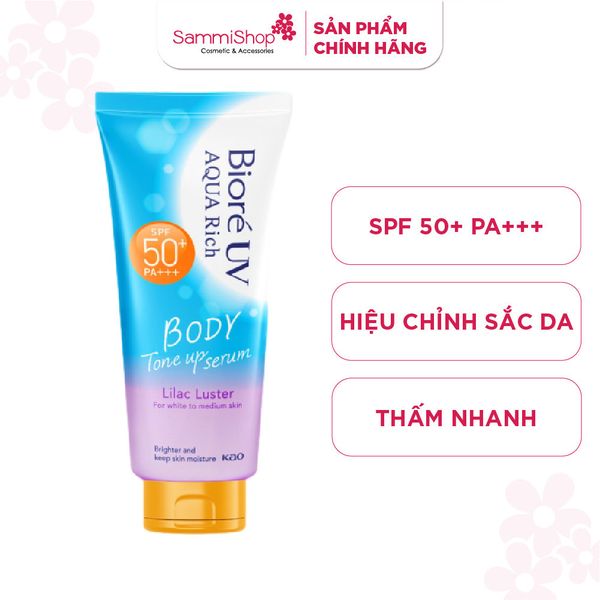 Biore Serum Chống nắng dưỡng thể UV Aqua Rich Body Tone Up Lilac Luster SPF50+ PA+++ 130ml