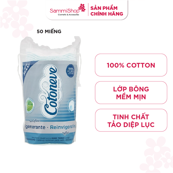 Bông tẩy trang maxi 2 trong 1 COTONEVE may viền (Tinh chất tảo diệp lục) (50 miếng) CT009