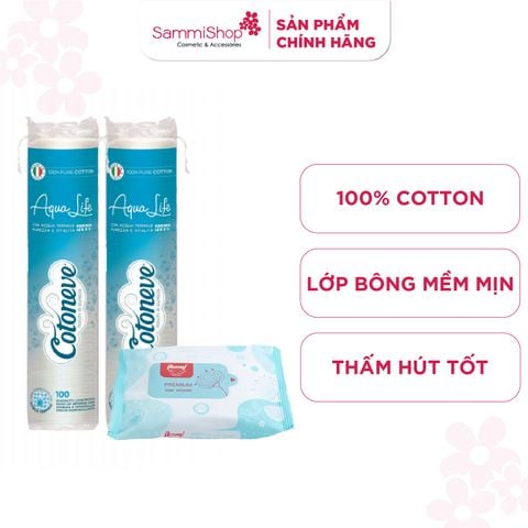 COTONEVE Combo 2 Bông tẩy trang may viền dập nổi AQUA LIFE CT002 (100 miếng) + Khăn ướt Ikami 20m