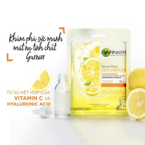 Garnier Mặt nạ giấy Serum Mask Light CompleteBrightening Hydration Lemon,VitaminC&Hyaluron 28g