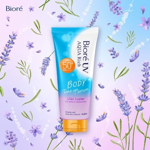 Biore Serum Chống nắng dưỡng thể UV Aqua Rich Body Tone Up Lilac Luster SPF50+ PA+++ 130ml