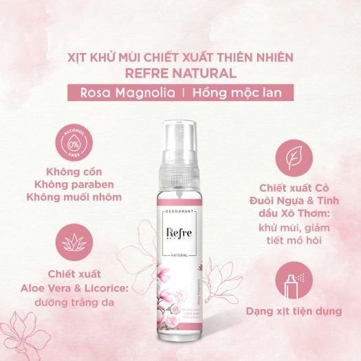 Refre Xịt khử mùi Hồng Mộc Lan Refre Natural Rosa Magnolia 30ml + quà