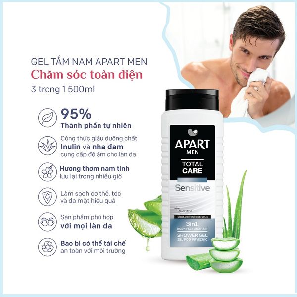 Apart Combo 2 Gel tắm Men Total Care Sensitive Shower Gel 500ml + Ipek Bông tẩy trang 80 miếng