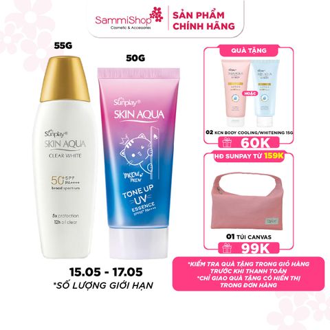 [15.05 - 17.05] Sunplay Sữa chống nắng Skin Aqua Clear White SPF50+ PA++++ 55g+ Sunplay Tinh chất chống nắng Skin Aqua Tone Up UV Essence Lavender SPF50+/PA++++ 50g