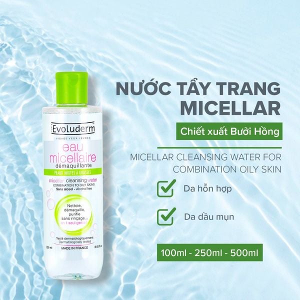 Evoluderm Nước tẩy trang Micellar Cleansing Water Combination To Oily Skins 250ml