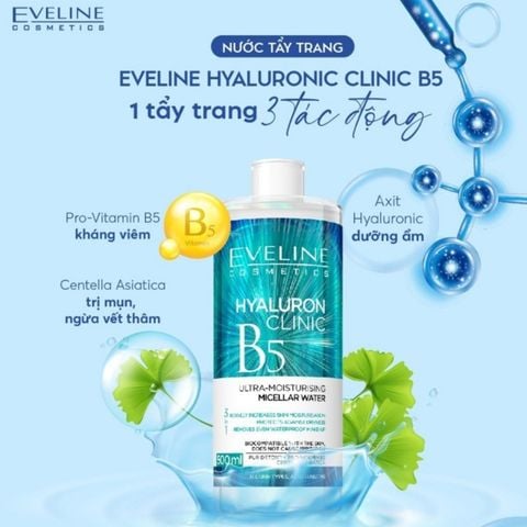 Eveline Combo Nước tẩy trang Hyaluron Clinic B5 Ultra-Moisturising Micellar Water 500ml +Dr Her Xịt khoáng Water 150ml