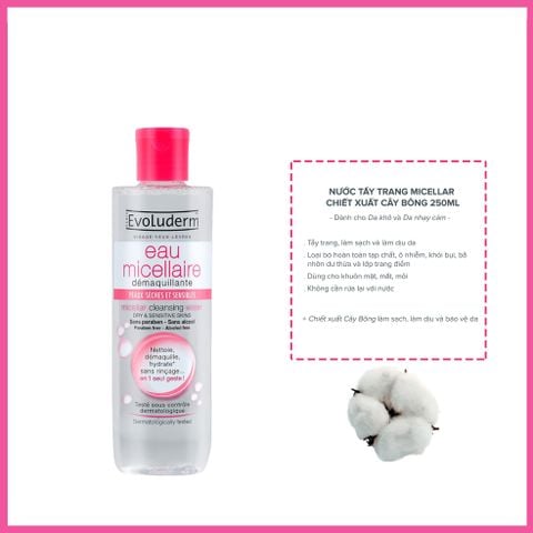 Evoluderm Nước tẩy trang Micellar Cleansing Water Dry And Sensitive Skin 250ml