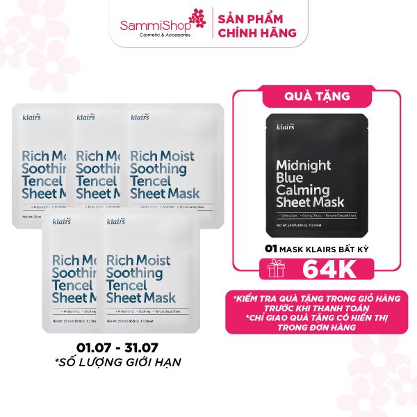 COMBO 01.07 - 31.07 Combo 5 Dear, Klairs Mặt nạ giấy Rich Moist Soothing Tencel Sheet Mask giá 65k