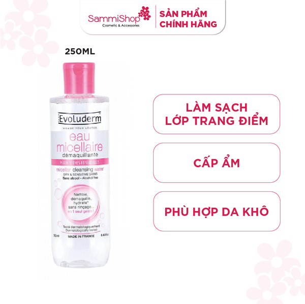 Evoluderm micellar cleansing water Dry & Sensitive Skins 250ml ( hồng)