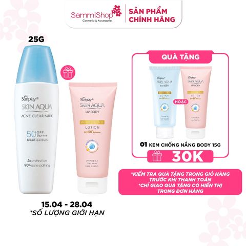 Sunplay Sữa chống nắng  Skin Aqua Acne Clear Milk SPF50+ PA++++ 25g + quà