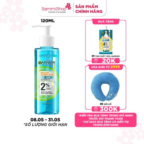 Garnier Sữa rửa mặt dạng gel skin naturals bright complete anti-acne cleansing 120ml