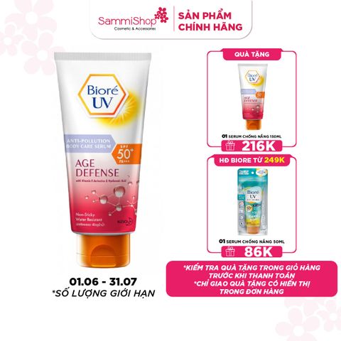 01.06 - 31.07 Serum chống nắng Biore UV Anti-pollution Body Care Serum Age Defense SPF50+/PA+++ 150ml