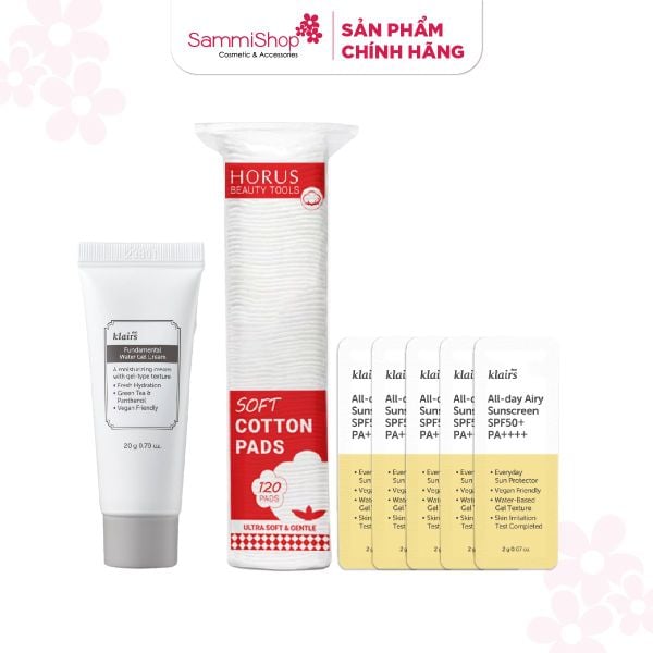 [HÀNG TẶNG KHÔNG BÁN] QT Dear, Klairs Kem dưỡng Fundamental Water Gel Cream 20g Và 1 QT Bông tẩy trang Horus Và 5 QT Dear,Klairs Kem chống nắng All-day Airy Sunscreen SPF50+ PA++++ 2g