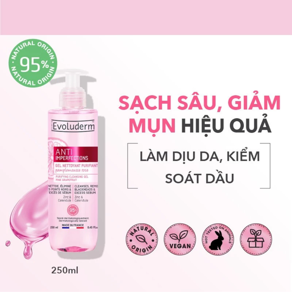 Evoluderm Gel rửa mặt Anti Imperfections Purifying Cleansing Gel Pink Grapefruit ZinC & Calendula 250ml