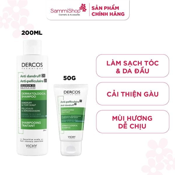 Combo Vichy Dầu gội Dercos Dermatological Shampoo Dandruff & Itchy Scalp Sensitive Scalp 200 ml + Dầu gội Dercos 50g