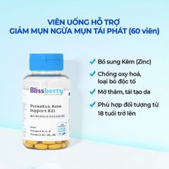 Blissberry Viên uống giảm mụn PureSkin Acne Support K21